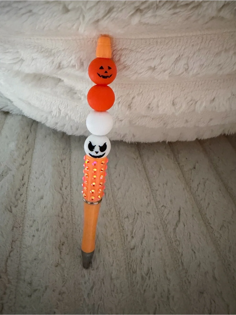 Hand Crafted Orange White Halloween Beaded Pen